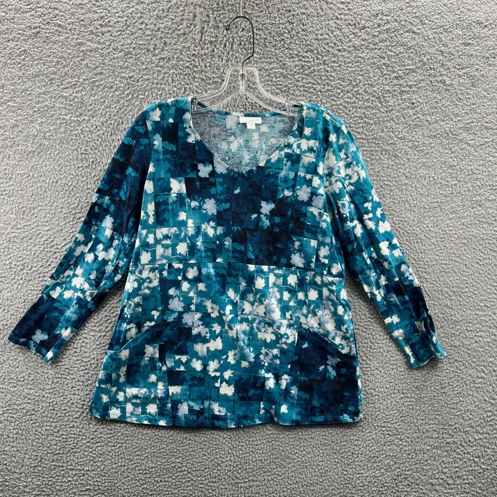 J‎ Jill Womens Artistic Tunic Top Petite M Abstract Floral Patchwork Indie Boho